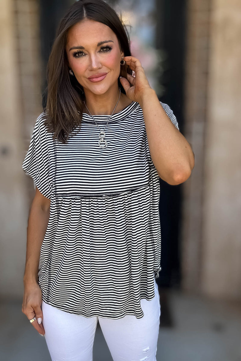 Short Sleeve Stripes Colorblock Tunic Top