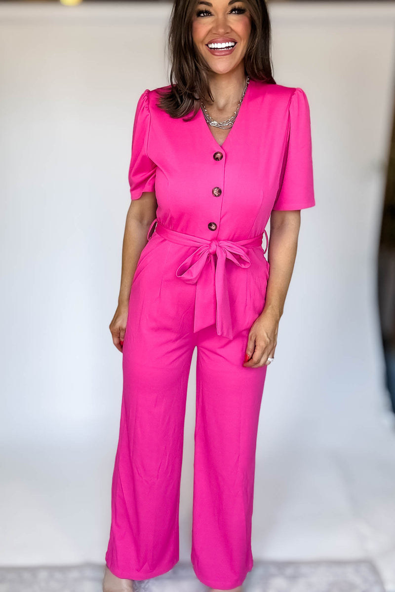 Pink Solid Button Up V Neck Wide Leg Jumpsuit With Tie