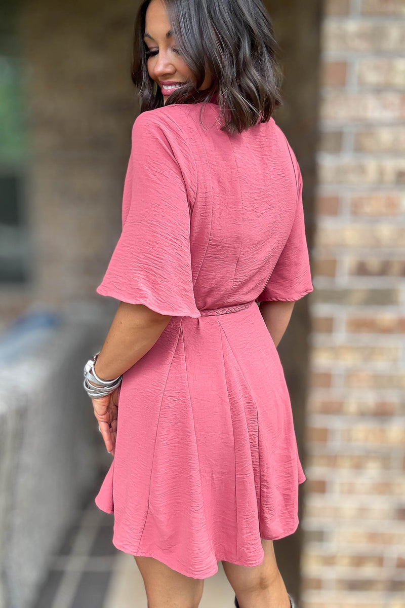 Dusty Mauve Half Bell Sleeve Button Down Dress With Waist Tie