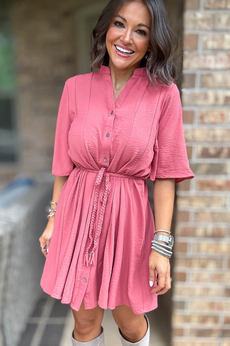 Dusty Mauve Half Bell Sleeve Button Down Dress With Waist Tie