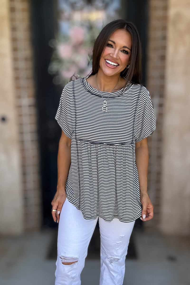 Short Sleeve Stripes Colorblock Tunic Top