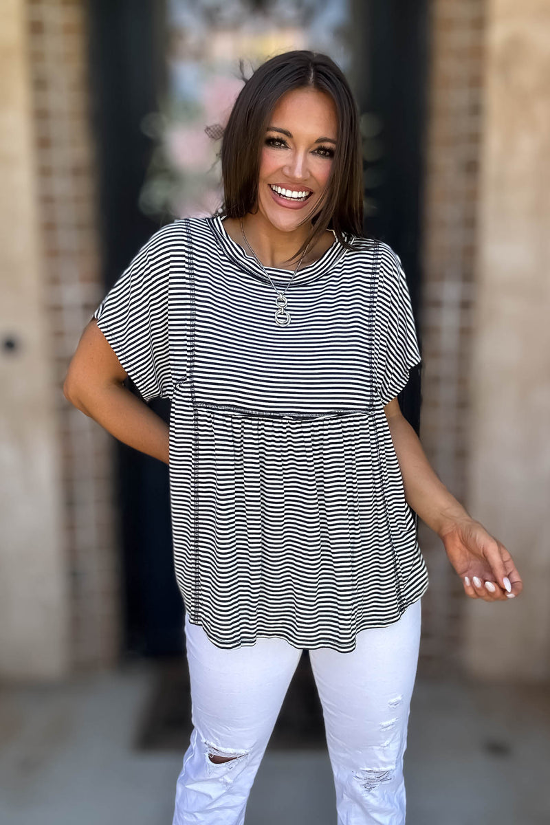 Short Sleeve Stripes Colorblock Tunic Top