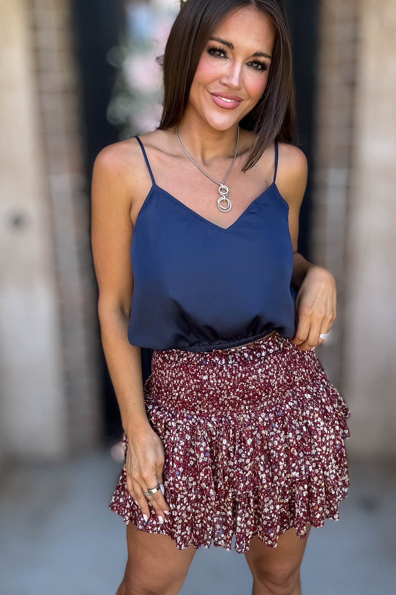 Solid Soft Deep Blue Elastic Band Crop Silky Cami Bubble Top