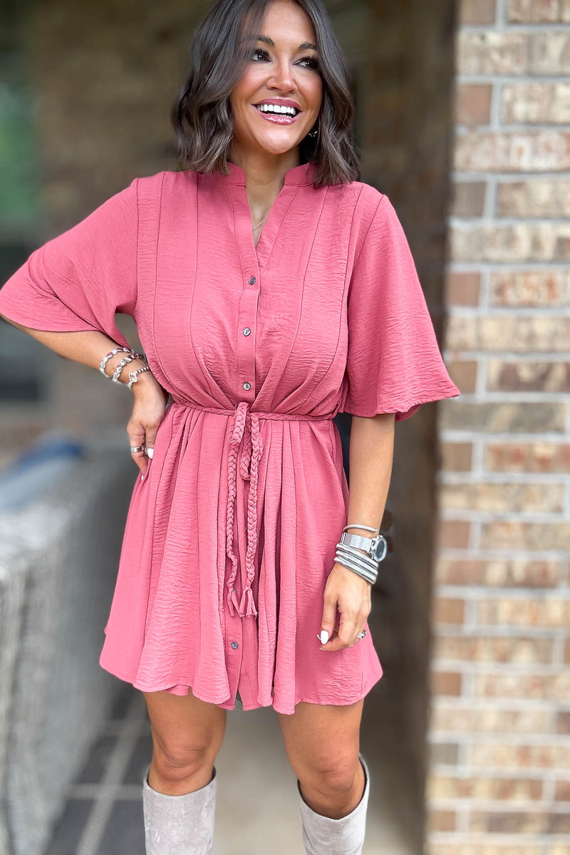 Dusty Mauve Half Bell Sleeve Button Down Dress With Waist Tie
