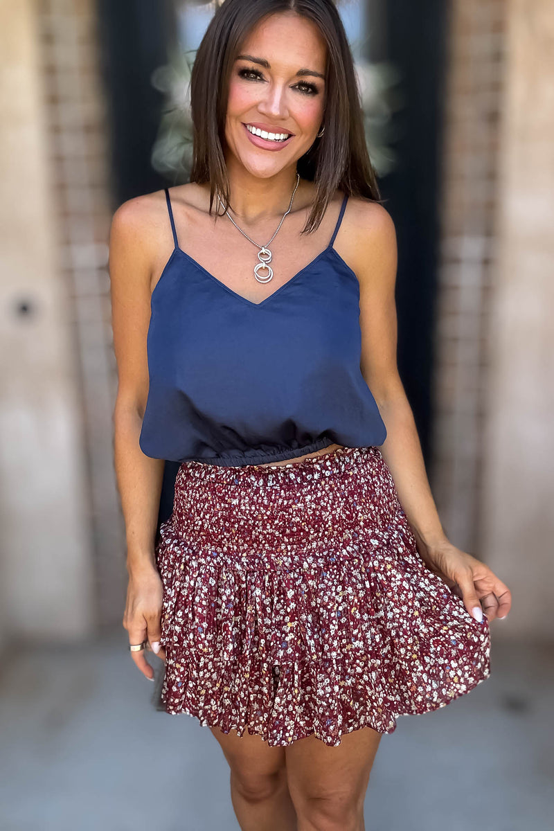 Solid Soft Deep Blue Elastic Band Crop Silky Cami Bubble Top