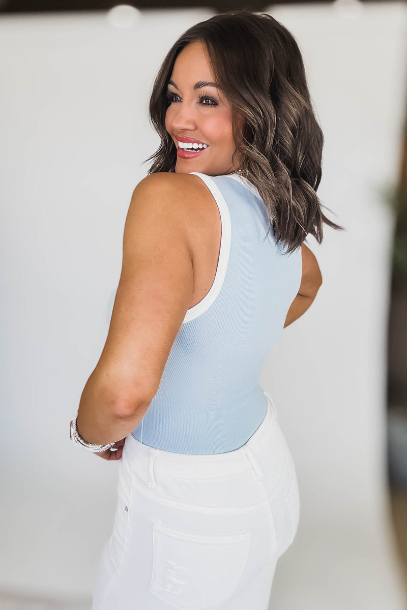 Round Neck Light Blue/White Sleeveless Ribbed Color Block Bodysuit