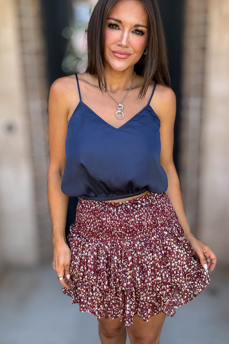 Solid Soft Deep Blue Elastic Band Crop Silky Cami Bubble Top