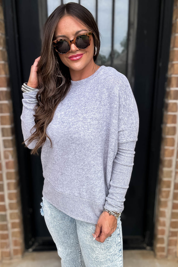 Campfire Brushed Heather Grey Melange Hacci Dolman Sleeve Sweater