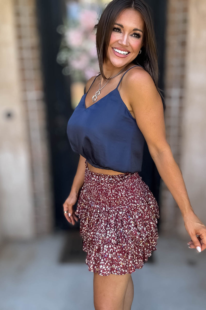Solid Soft Deep Blue Elastic Band Crop Silky Cami Bubble Top