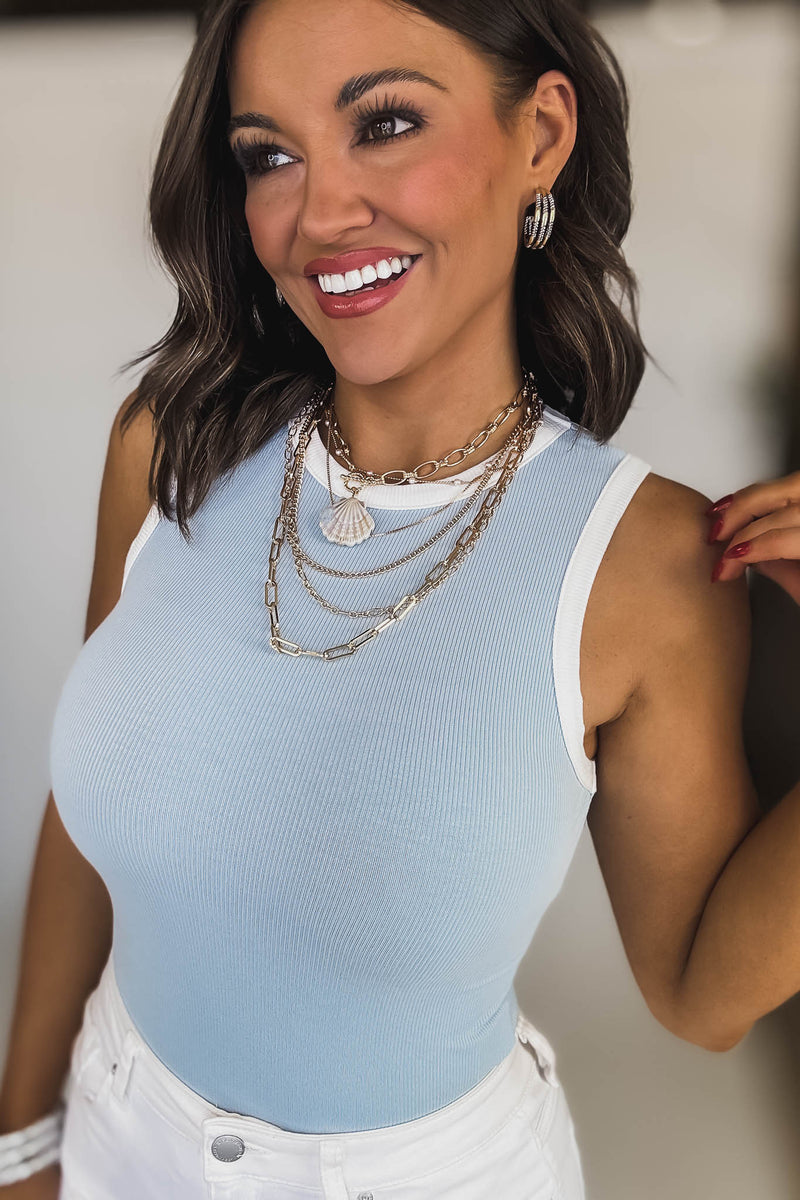 Round Neck Light Blue/White Sleeveless Ribbed Color Block Bodysuit