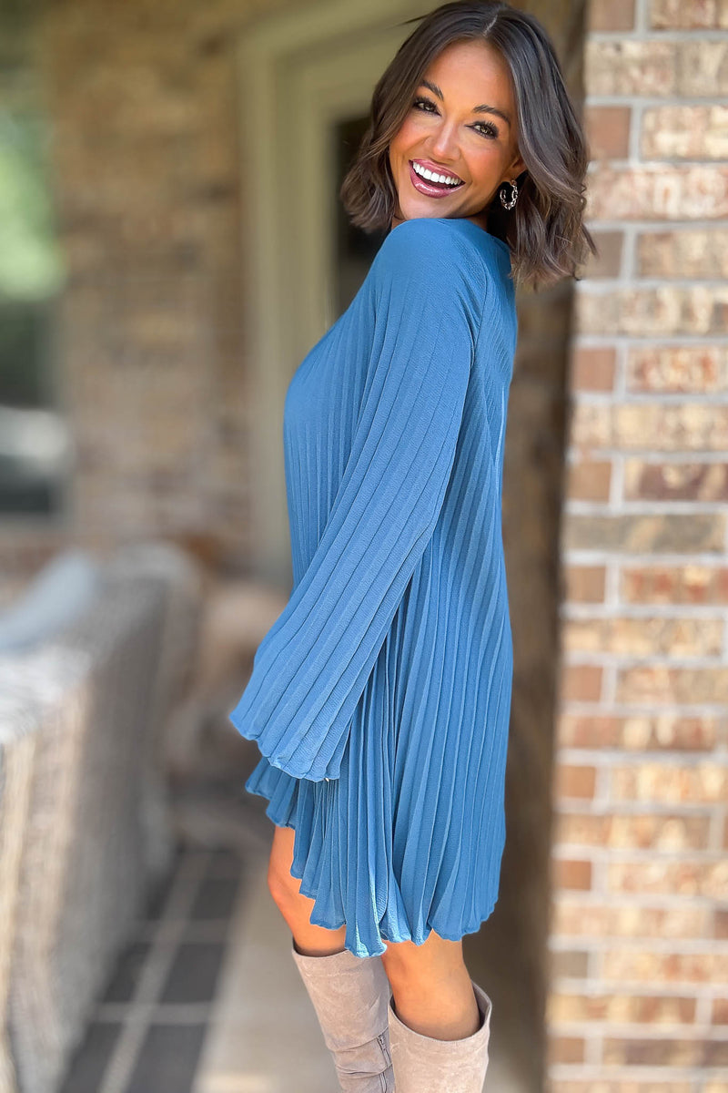 Teal Green Long Sleeve Pleated Woven Dress