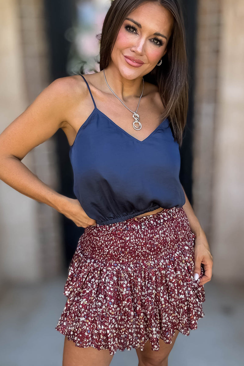 Solid Soft Deep Blue Elastic Band Crop Silky Cami Bubble Top