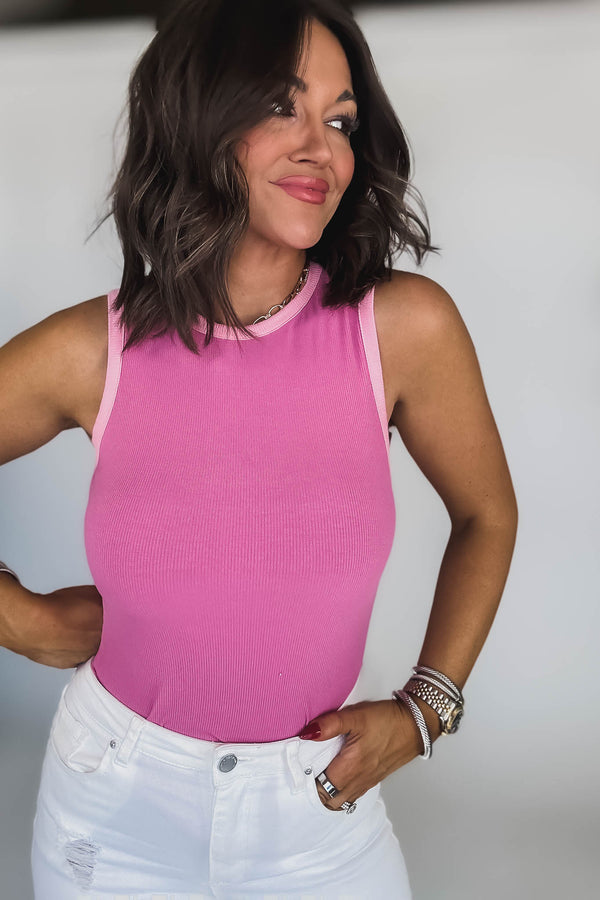 Round Neck Hot Pink/Pink Sleeveless Ribbed Color Block Bodysuit