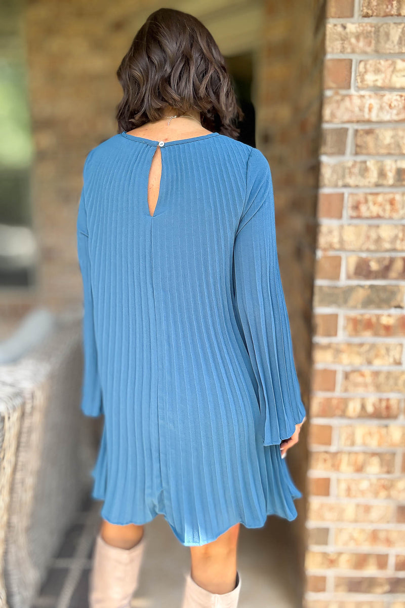 Teal Green Long Sleeve Pleated Woven Dress