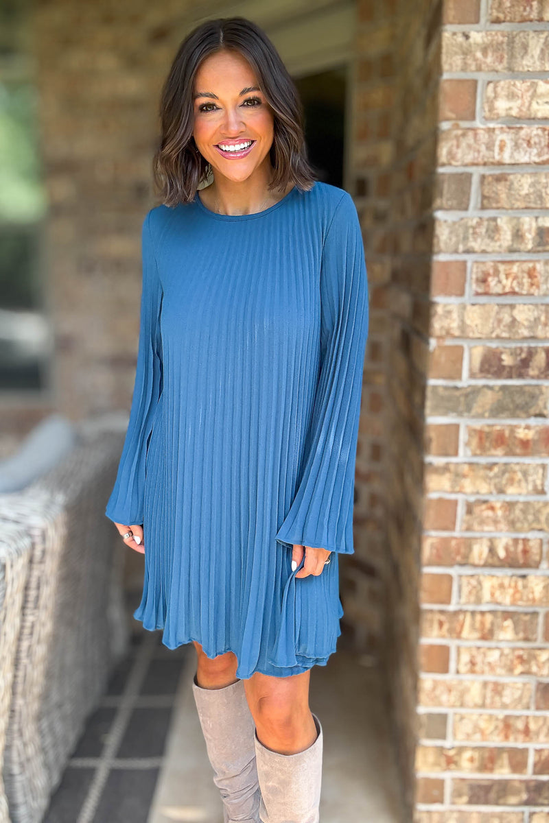 Teal Green Long Sleeve Pleated Woven Dress