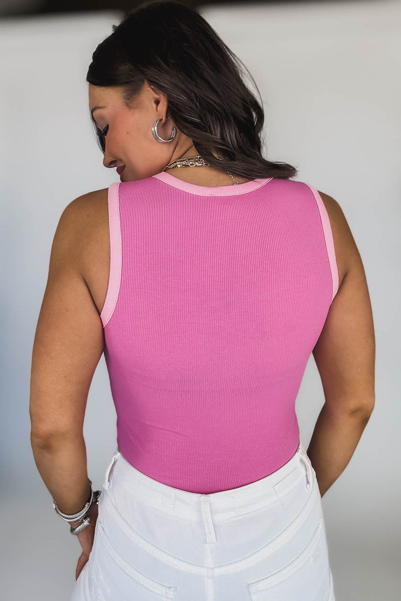 Round Neck Hot Pink/Pink Sleeveless Ribbed Color Block Bodysuit