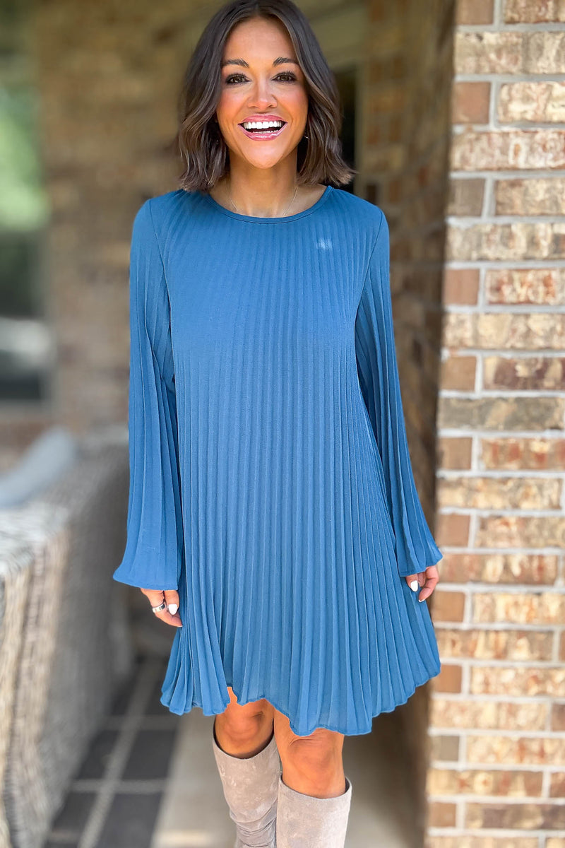 Teal Green Long Sleeve Pleated Woven Dress