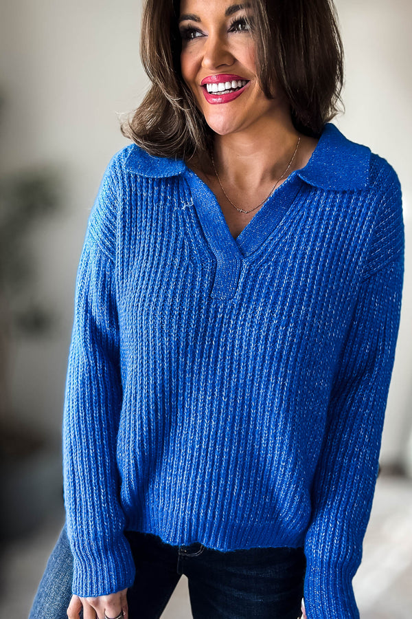 In My Dreams Ocean Blue Melange Collared V-Neck Basic Sweater