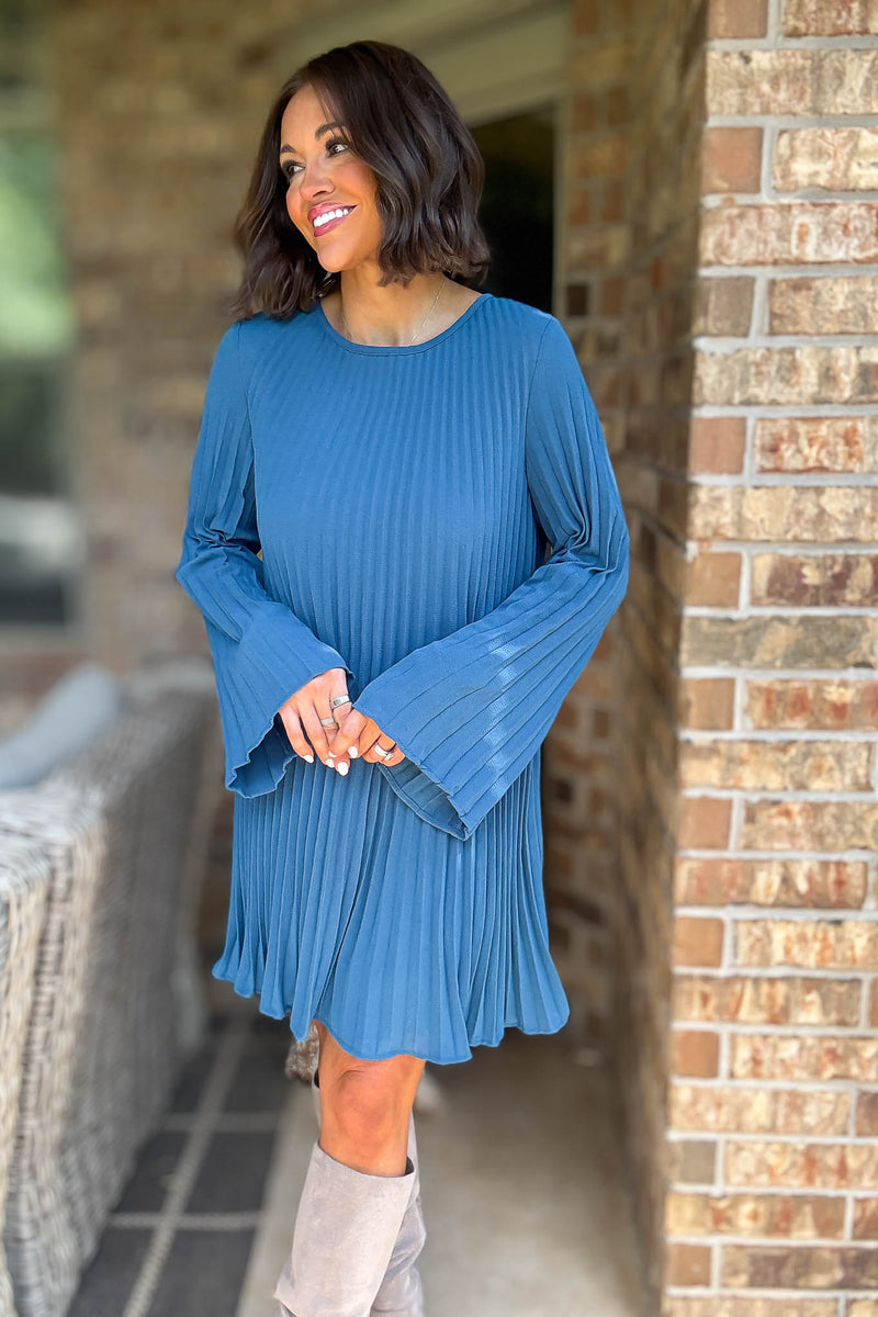 Teal Green Long Sleeve Pleated Woven Dress