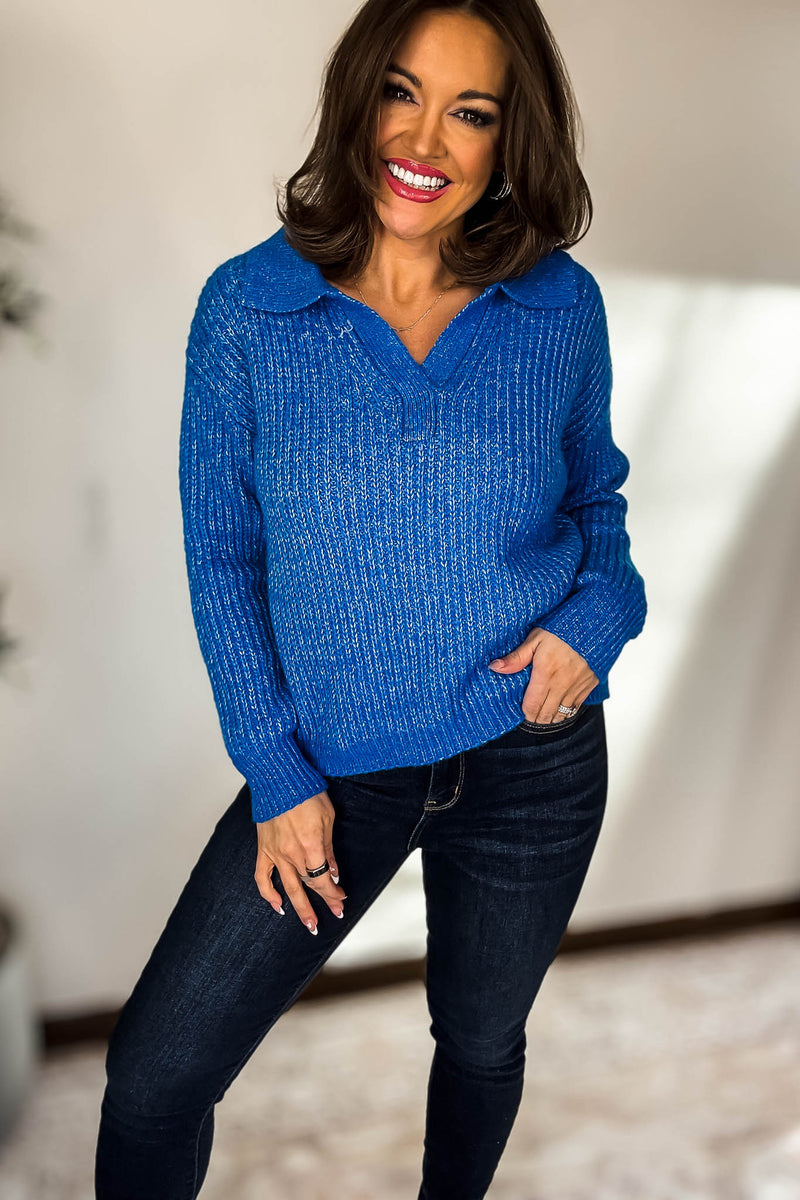 In My Dreams Ocean Blue Melange Collared V-Neck Basic Sweater
