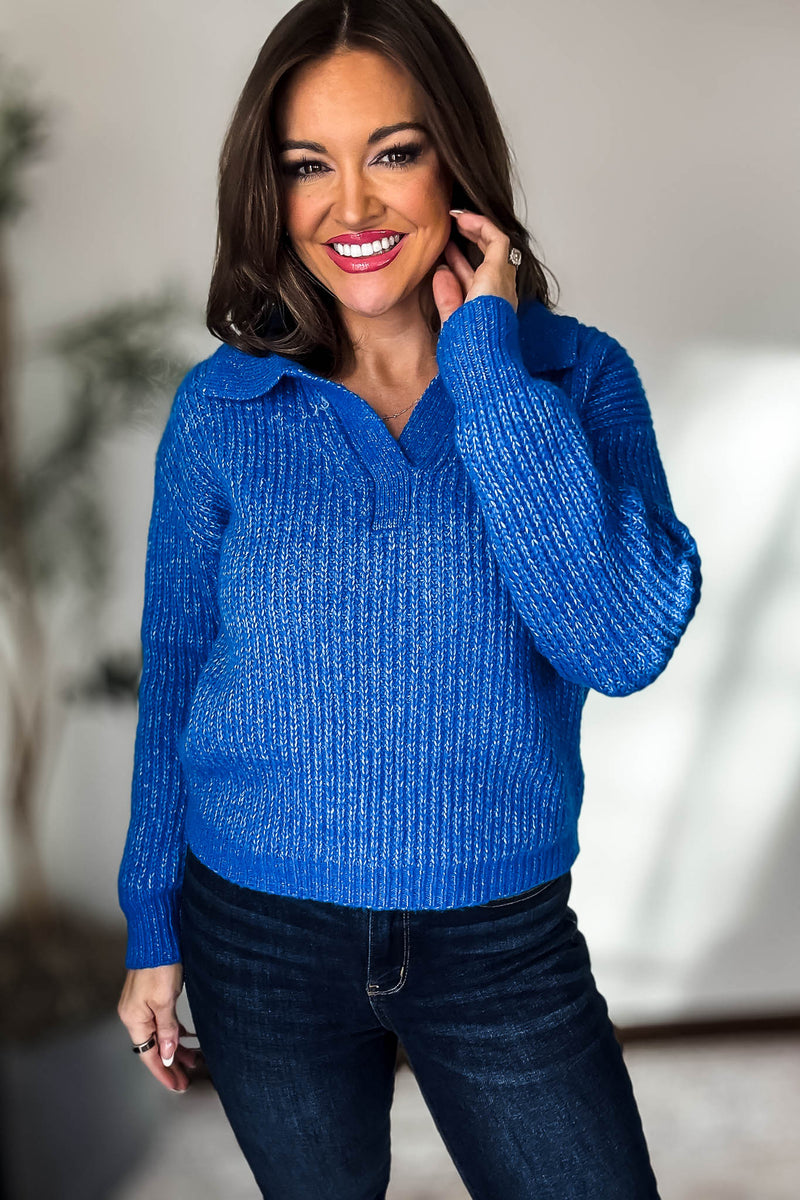 In My Dreams Ocean Blue Melange Collared V-Neck Basic Sweater