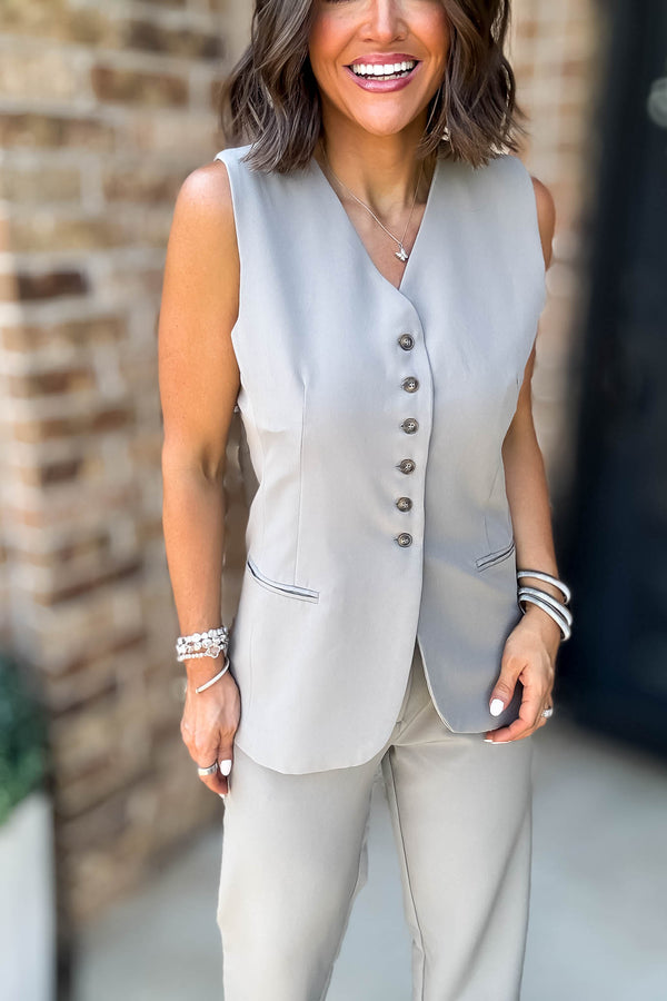 Grey V-neck Button Down Long Vest