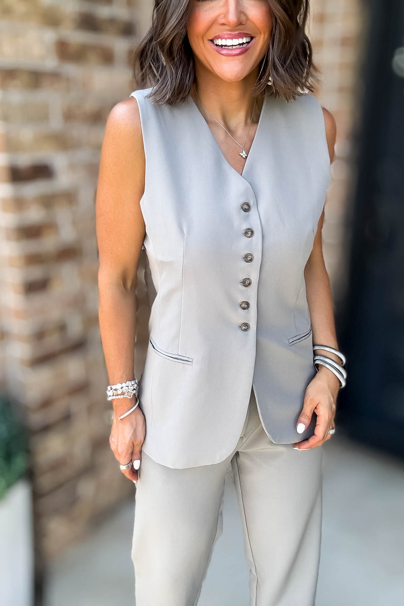 Grey V-neck Button Down Long Vest