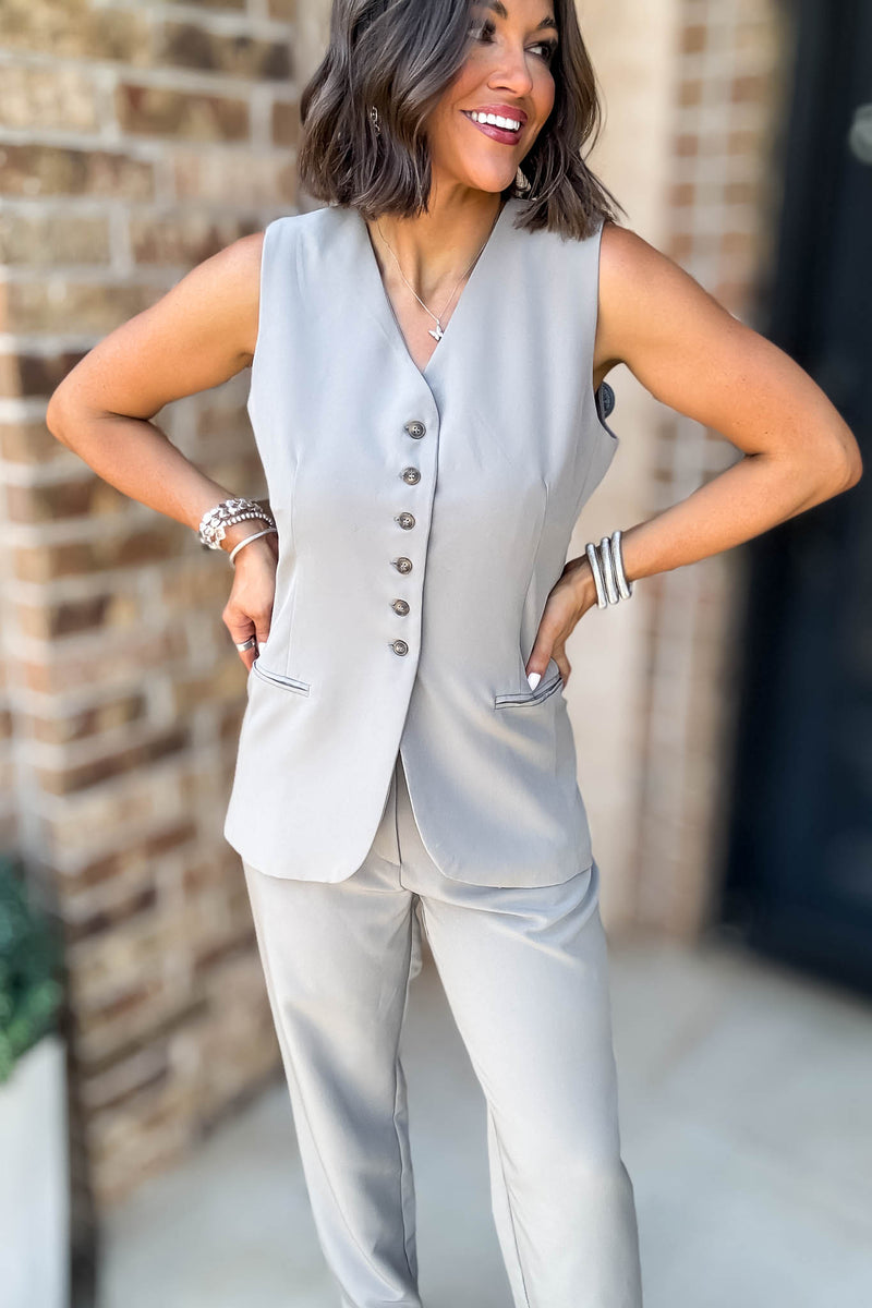 Grey V-neck Button Down Long Vest
