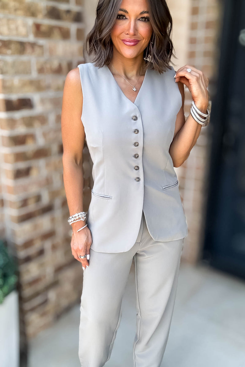 Grey V-neck Button Down Long Vest