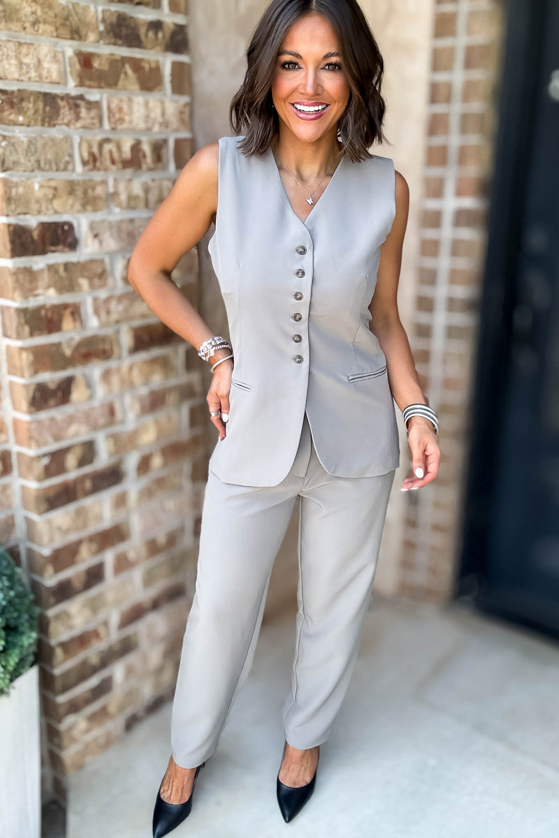 Grey V-neck Button Down Long Vest
