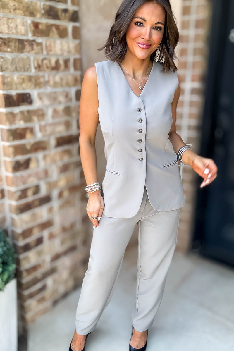 Grey V-neck Button Down Long Vest