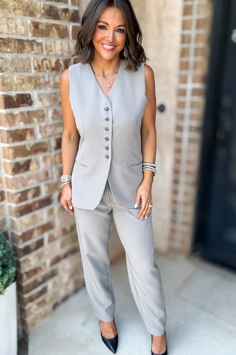 Grey V-neck Button Down Long Vest