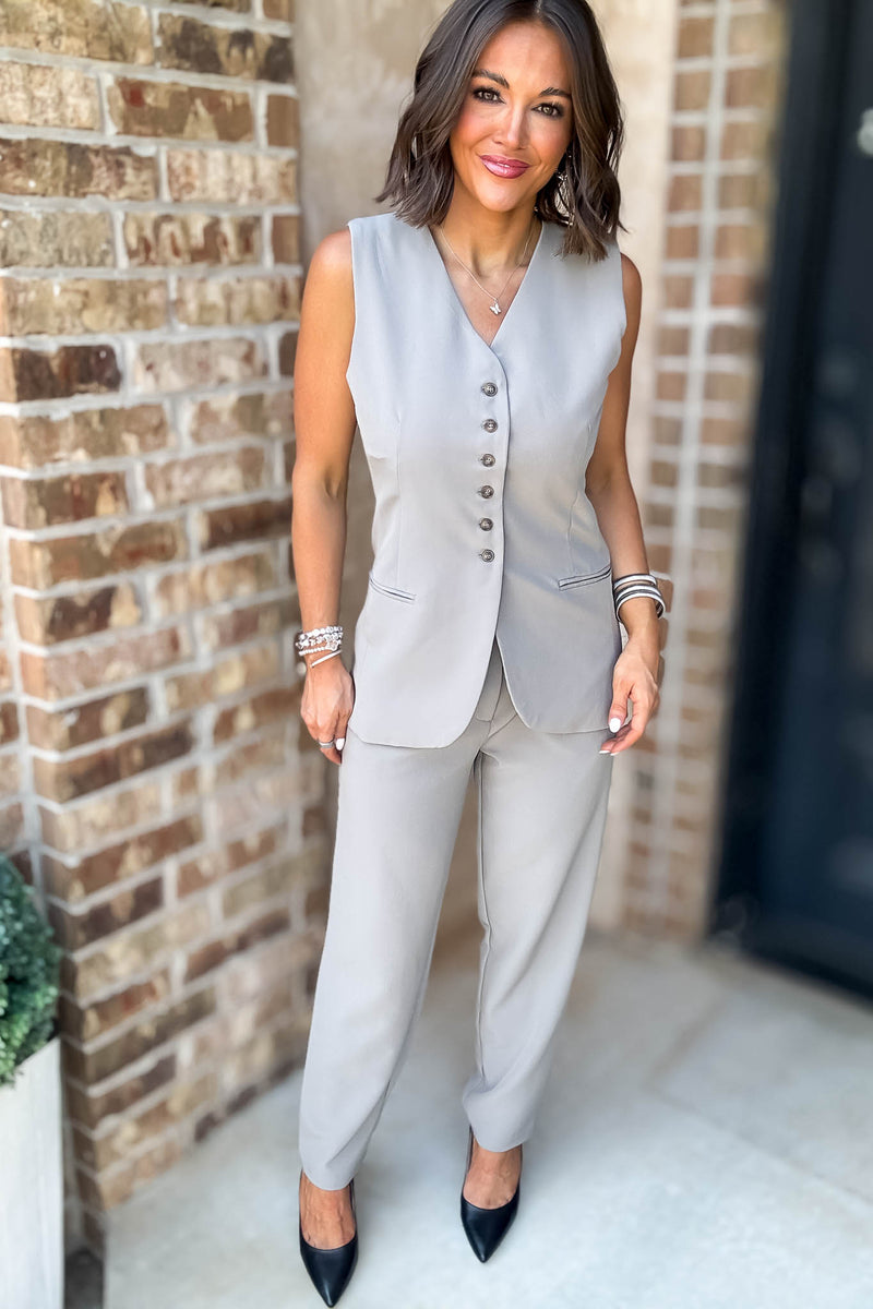 Grey V-neck Button Down Long Vest