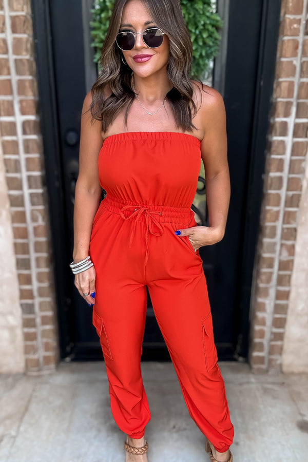Long Cargo Red Drawstring Jogger Jumpsuit