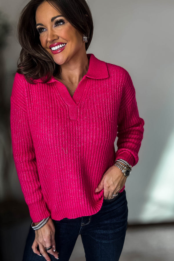 In My Dreams Hot Pink Melange Collared V-Neck Basic Sweater