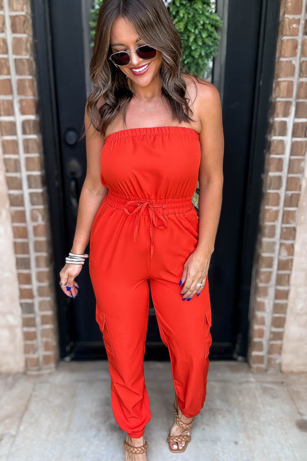 Long Cargo Red Drawstring Jogger Jumpsuit