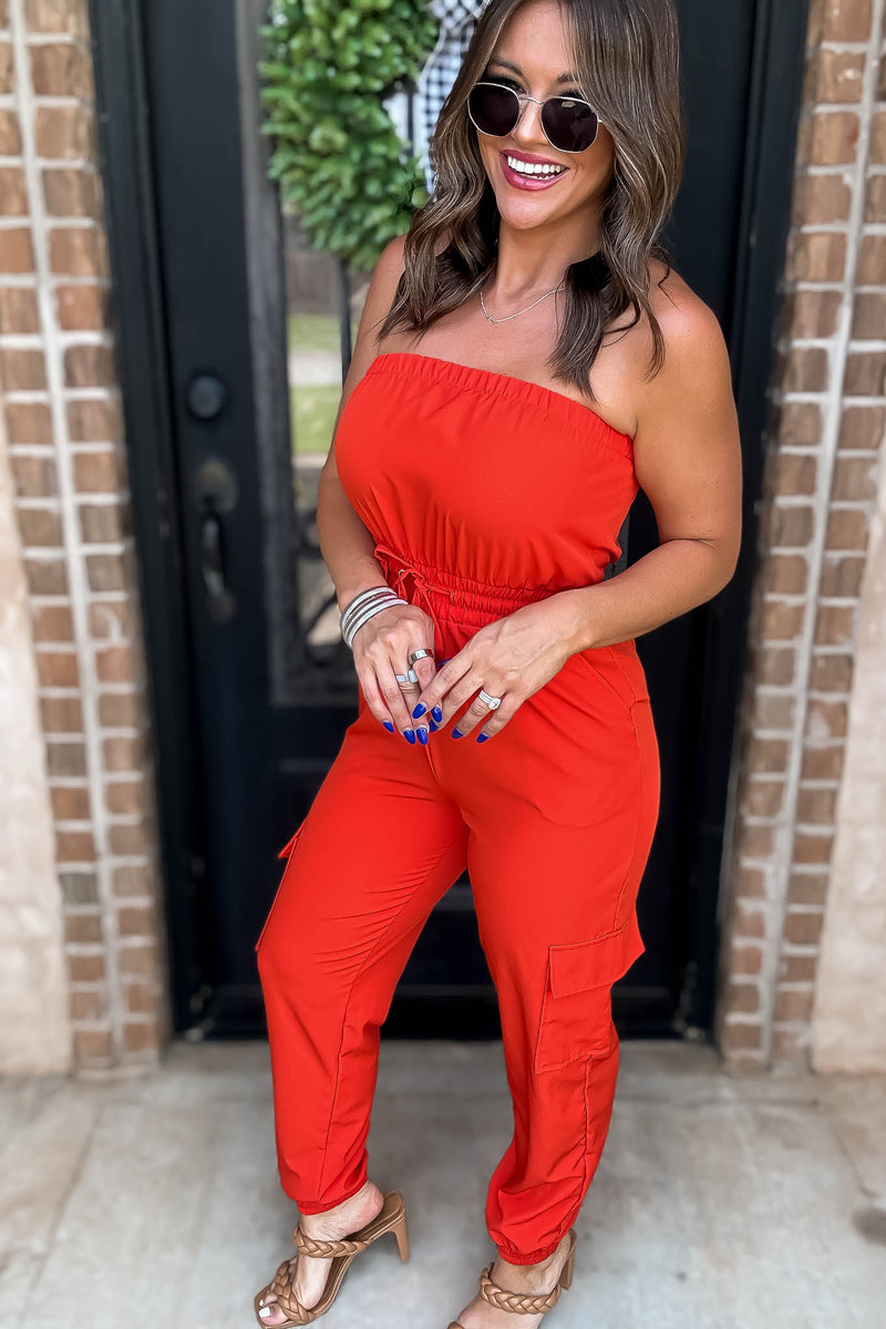 Long Cargo Red Drawstring Jogger Jumpsuit