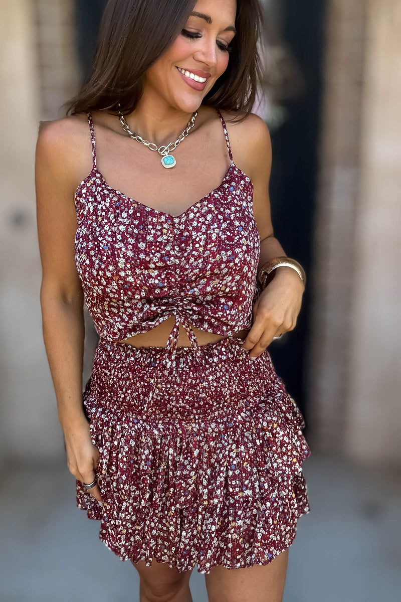Burgundy Floral Print Ruffle Crop Top