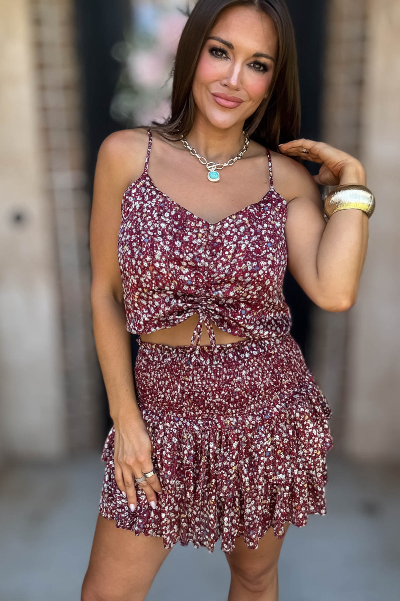 Burgundy Floral Print Ruffle Crop Top