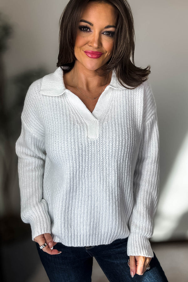 In My Dreams Off White Melange Collared V-Neck Basic Sweater