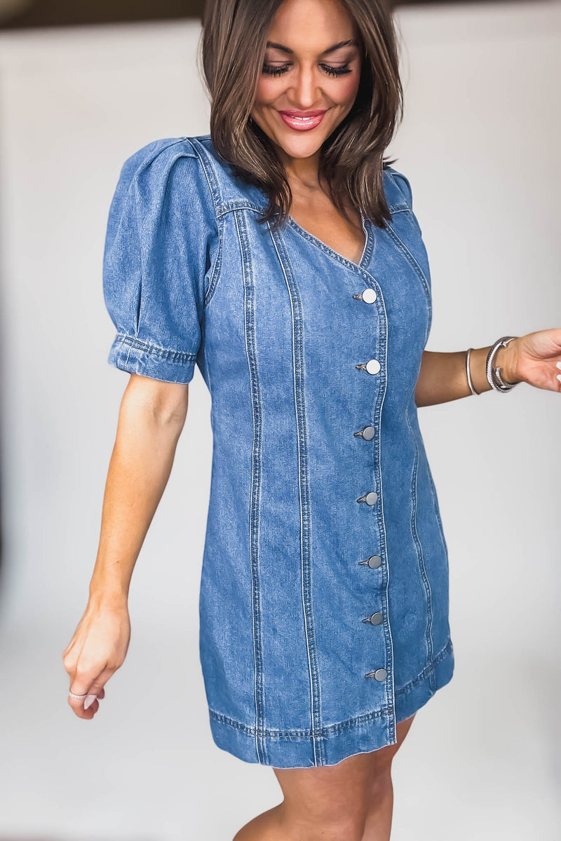 Mable DENIM BUTTON DOWN SHORT SLEEVE MINI DRESS – Stella Rae's