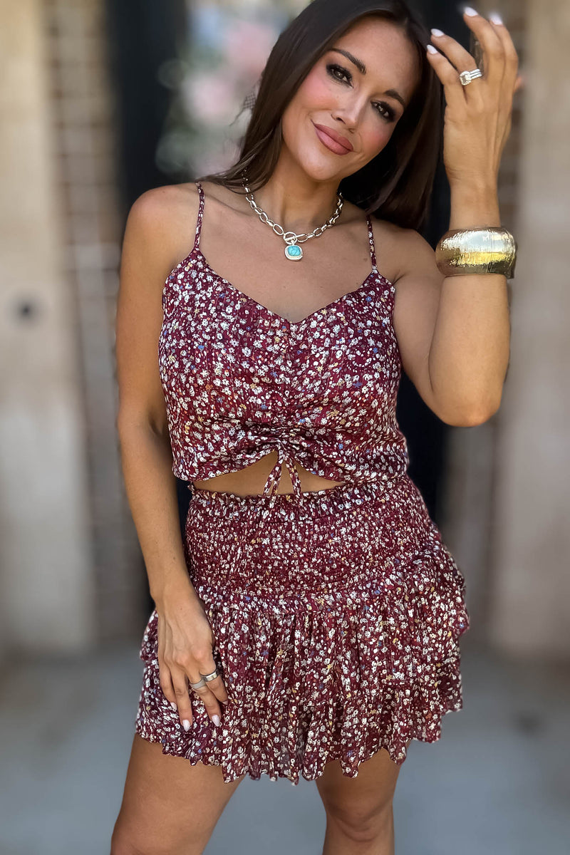 Burgundy Floral Print Ruffle Crop Top