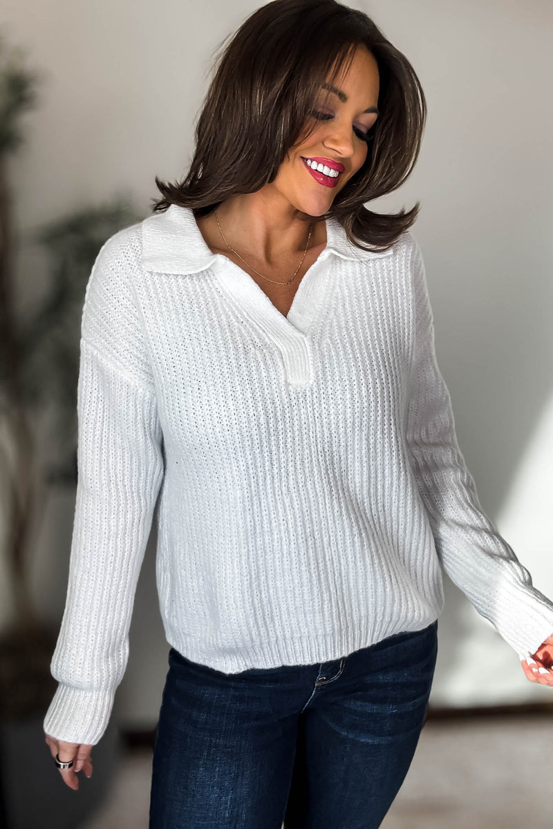 In My Dreams Off White Melange Collared V-Neck Basic Sweater
