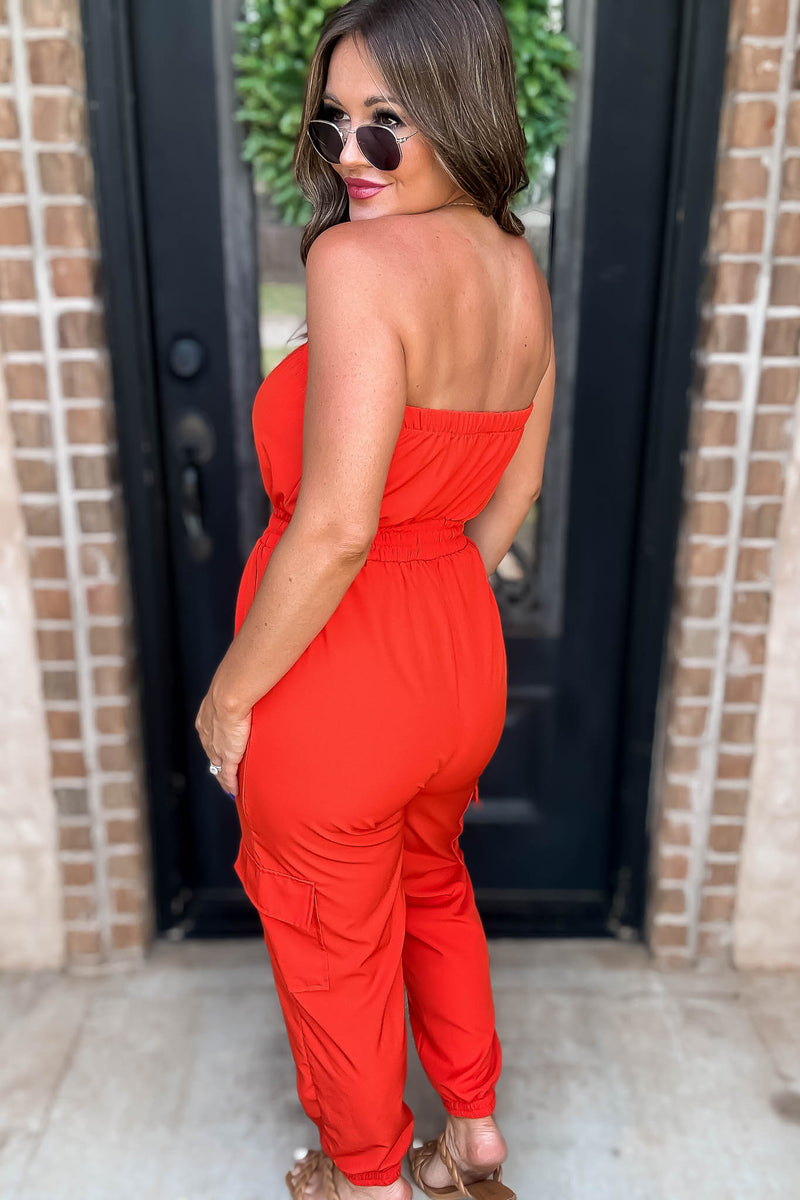 Long Cargo Red Drawstring Jogger Jumpsuit