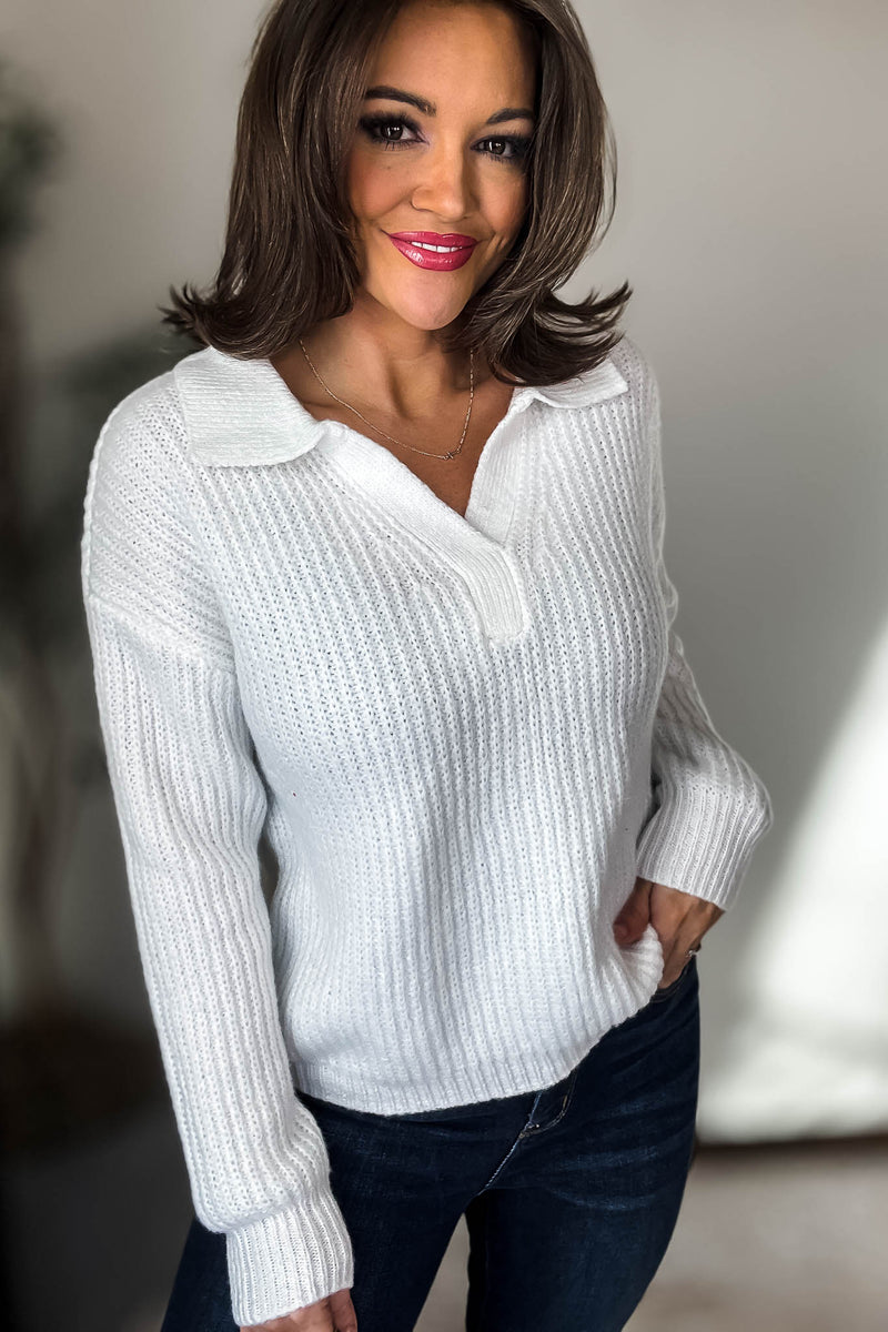 In My Dreams Off White Melange Collared V-Neck Basic Sweater