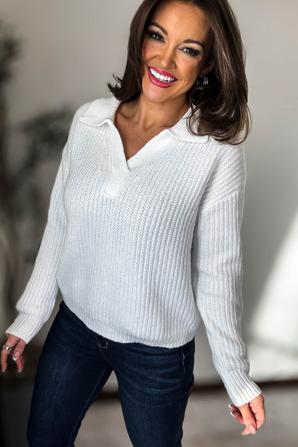 In My Dreams Off White Melange Collared V-Neck Basic Sweater