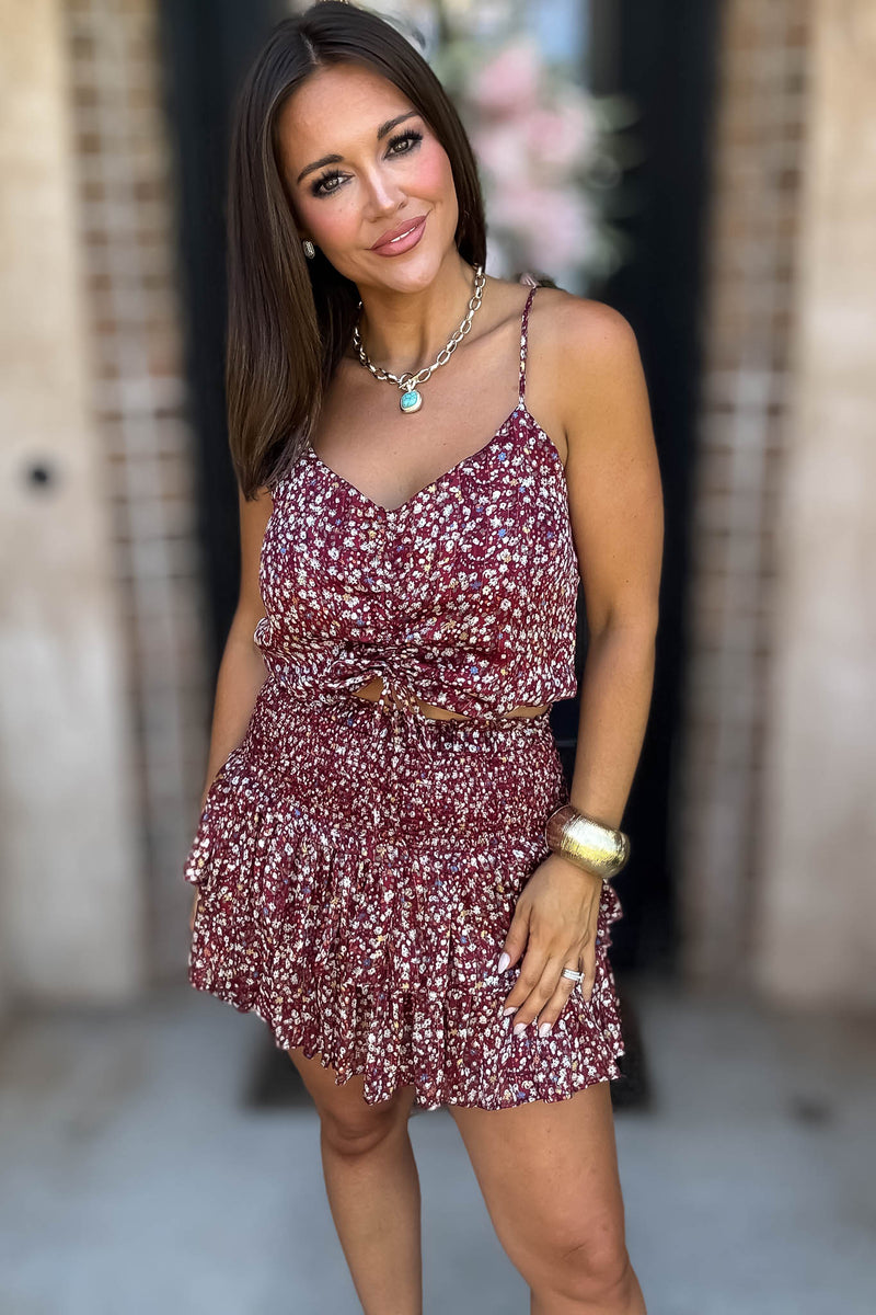 Burgundy Floral Print Ruffle Crop Top