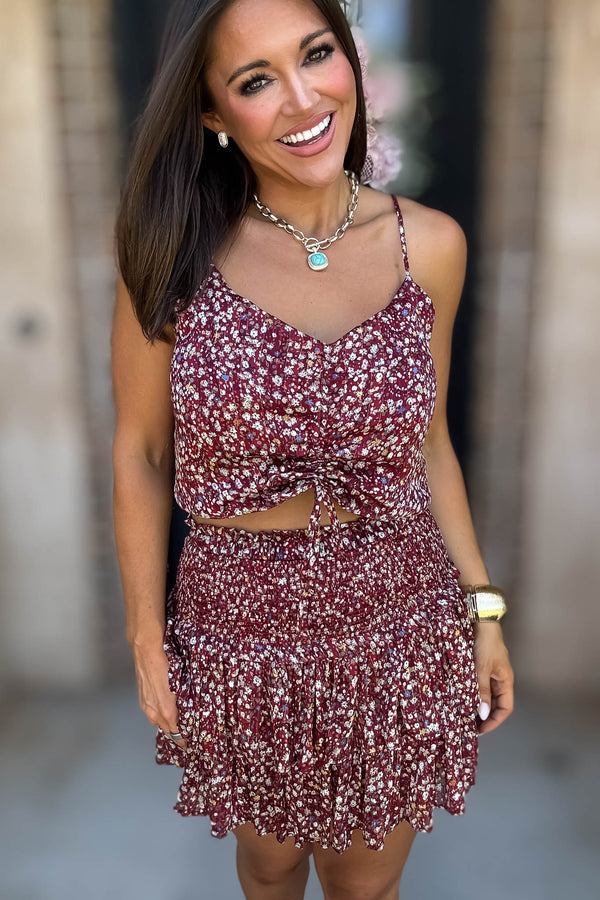Burgundy Floral Print Ruffle Crop Top