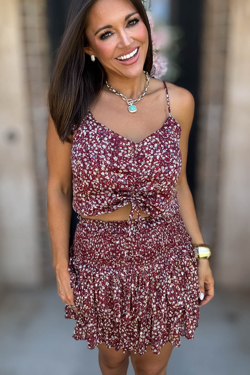 Burgundy Floral Print Ruffle Crop Top