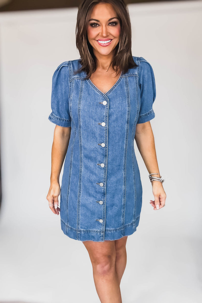 ae long sleeve denim button up mini dress AE Denim Long-Sleeve Dress